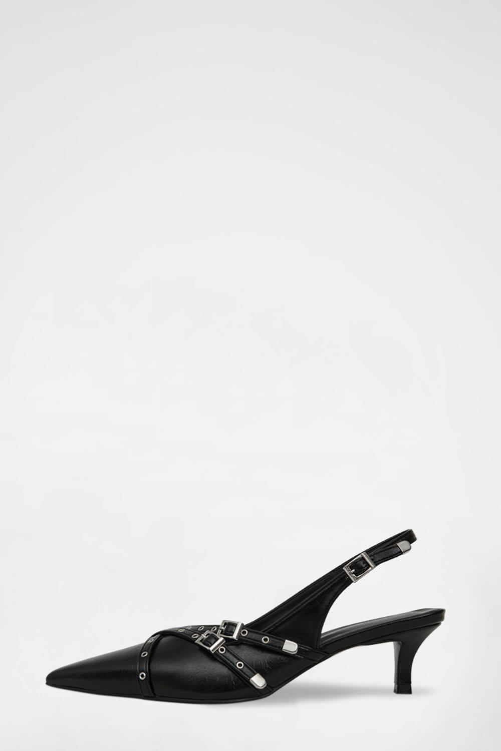 Buckle Faux Leather Pointed Toe Sling Back Court Shoes - Black