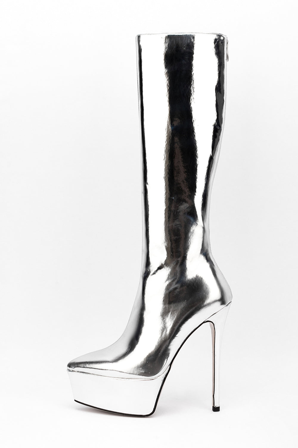 Faux Leather Platform Pointed Toe Knee High Boots - Silver