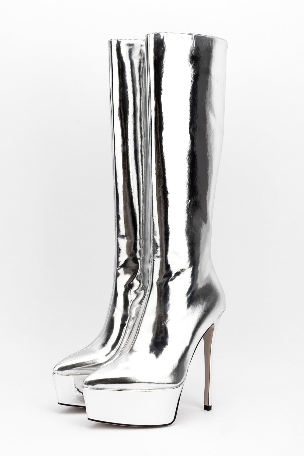 Faux Leather Platform Pointed Toe Knee High Boots - Silver