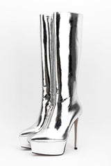 Faux Leather Platform Pointed Toe Knee High Boots - Silver