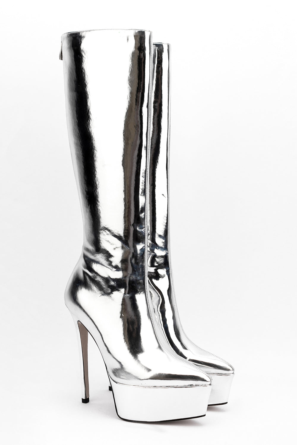 Faux Leather Platform Pointed Toe Knee High Boots - Silver