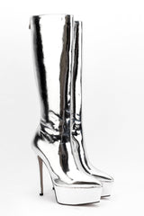 Faux Leather Platform Pointed Toe Knee High Boots - Silver