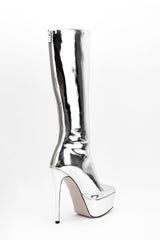 Faux Leather Platform Pointed Toe Knee High Boots - Silver