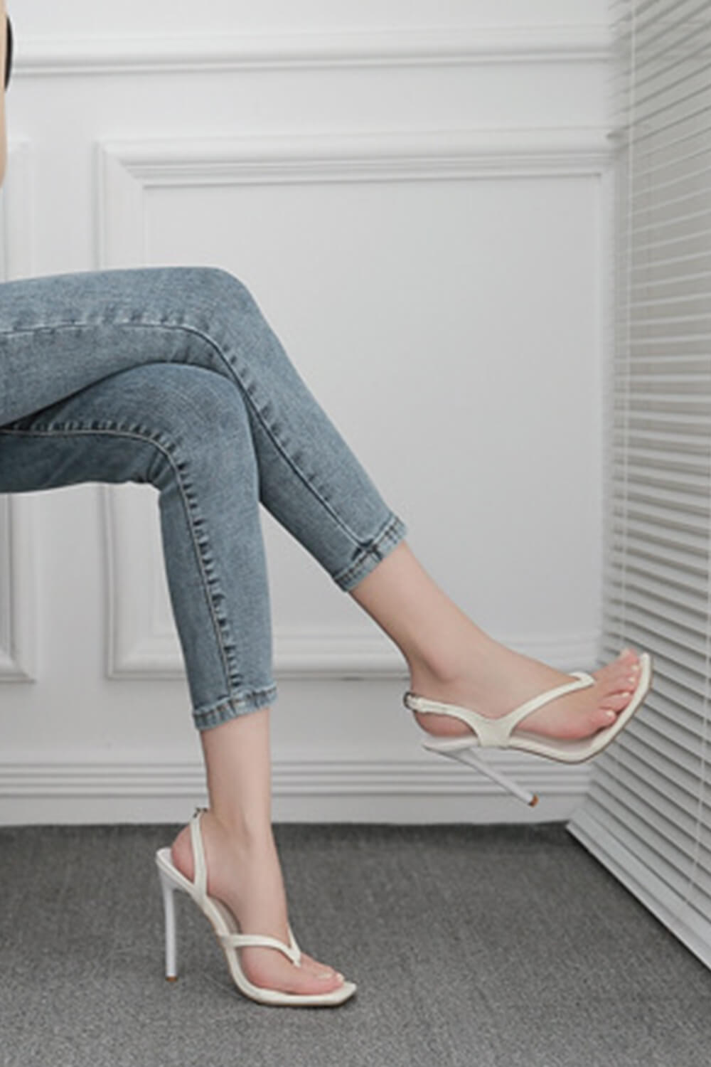 Patent Toe Thong Square Toe Slingback High Heels - White
