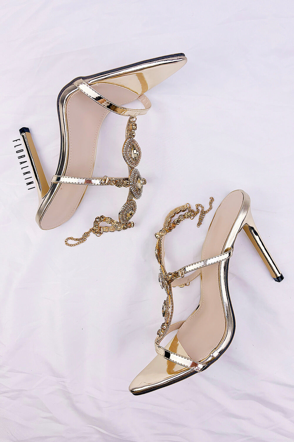 Diamante Embellished Stone Pointed Toe Stiletto Sandals - Gold