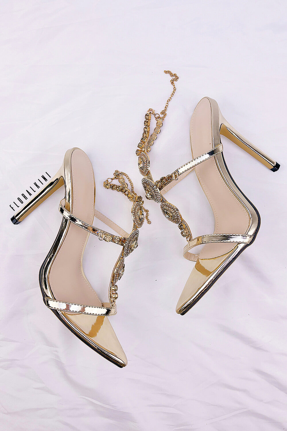 Diamante Embellished Stone Pointed Toe Stiletto Sandals - Gold