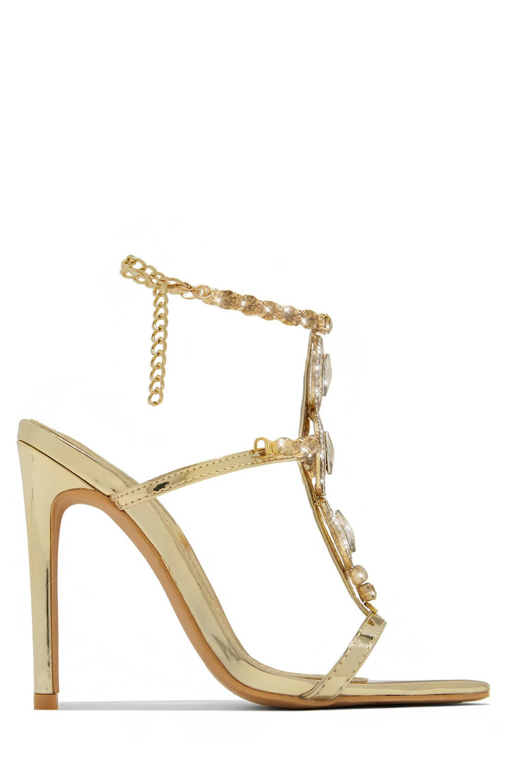 Diamante Embellished Stone Pointed Toe Stiletto Sandals - Gold
