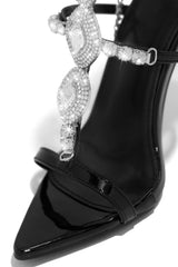 Diamante Embellished Stone Pointed Toe Stiletto Sandals - Black