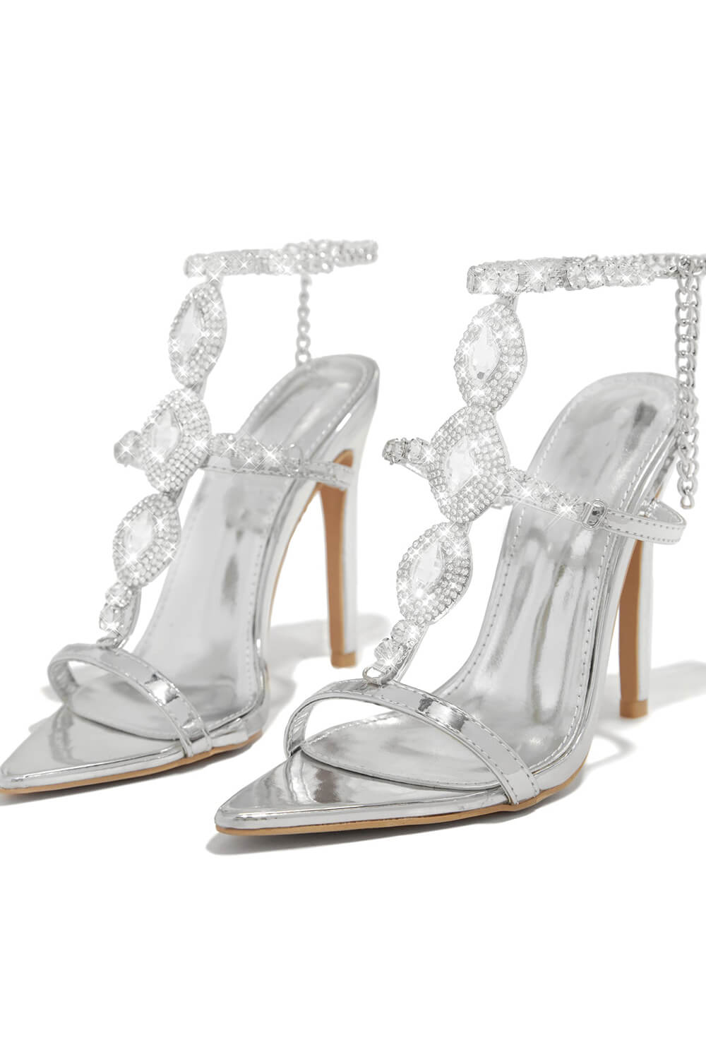 Diamante Embellished Stone Pointed Toe Stiletto Sandals - Silver