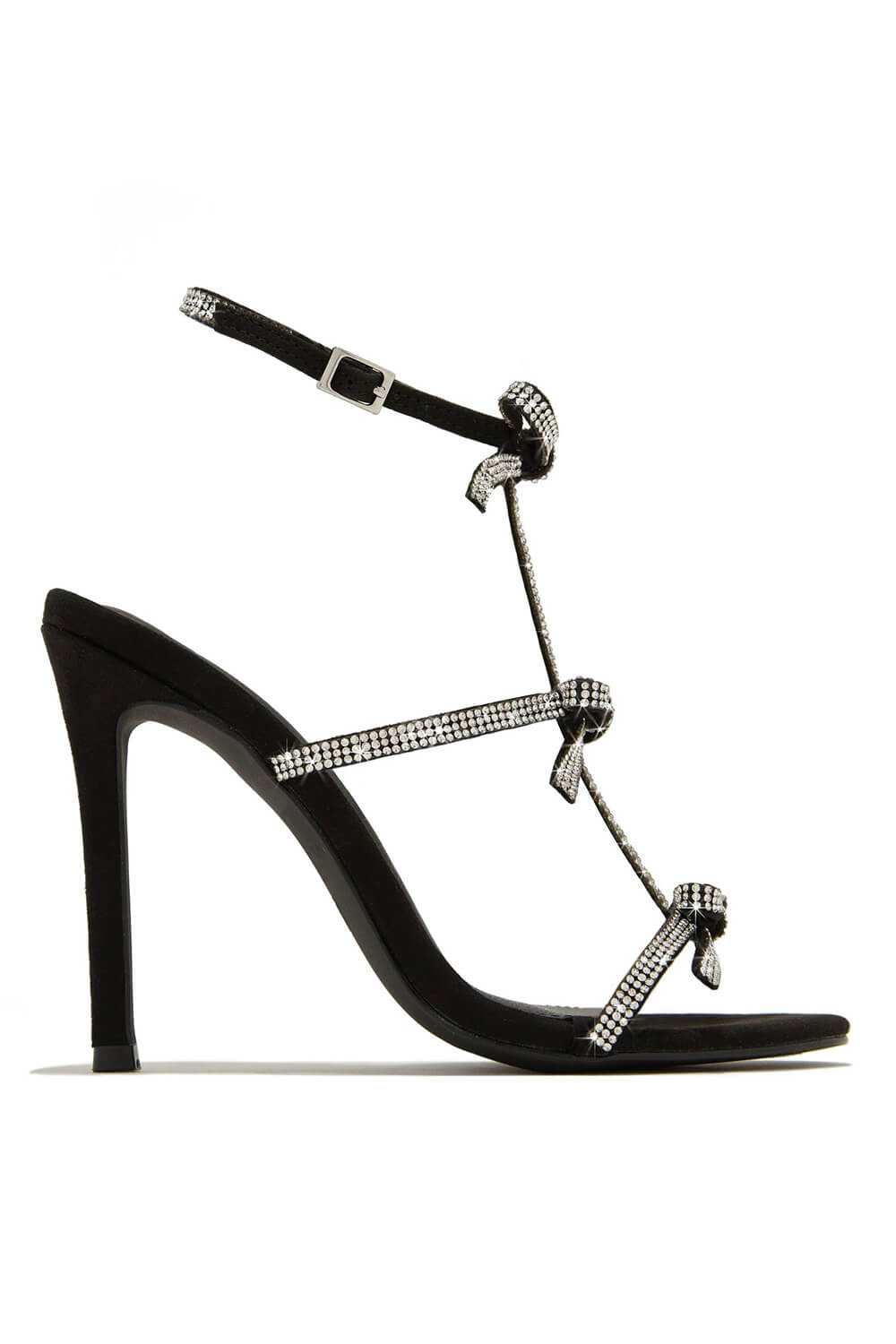 Diamante Embellished Bow Open Toe Stiletto Sandals - Black