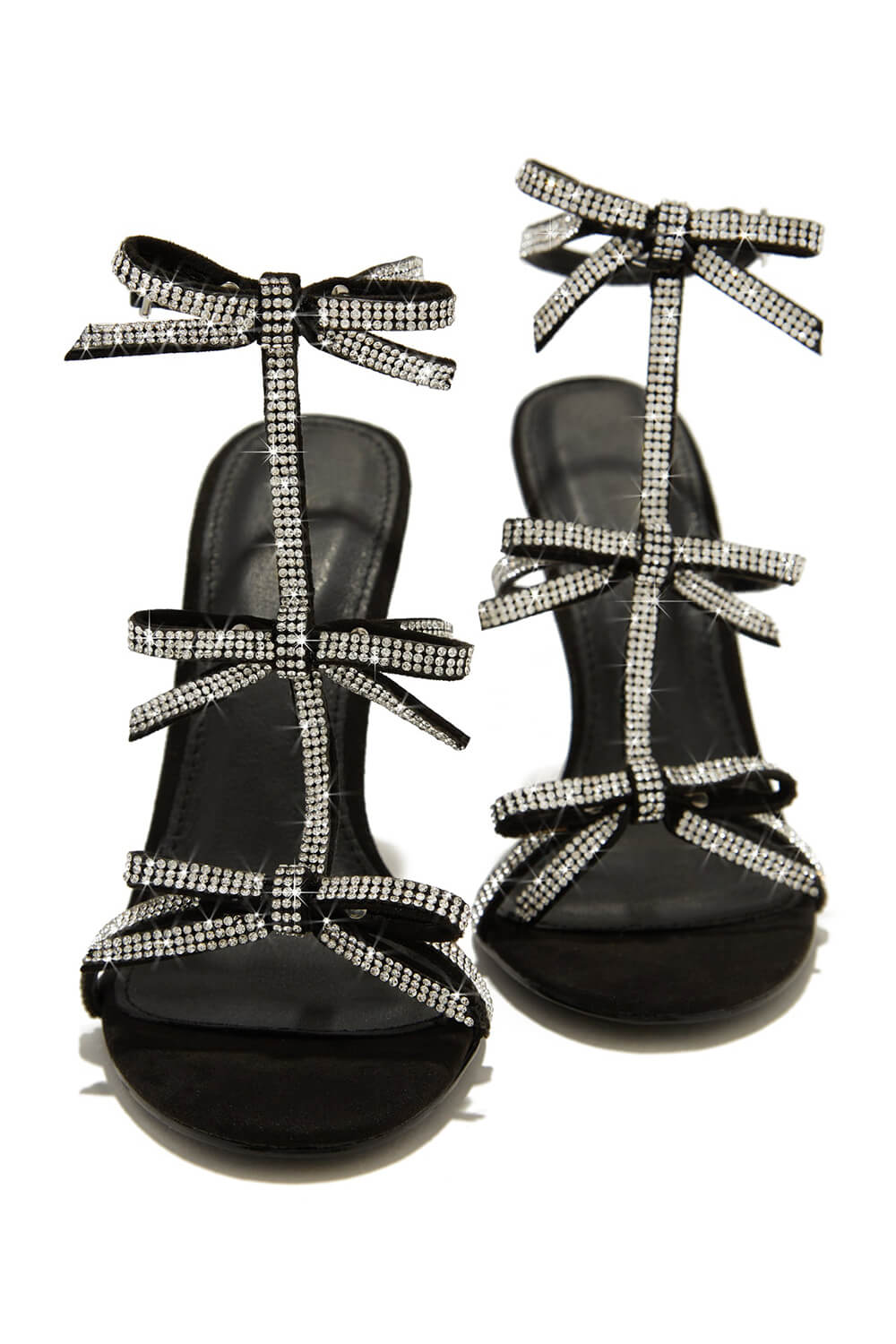 Diamante Embellished Bow Open Toe Stiletto Sandals - Black