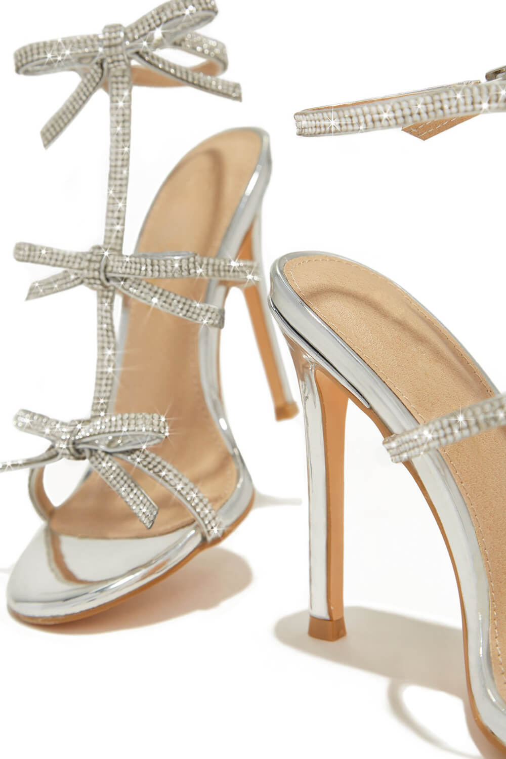 Diamante Embellished Bow Open Toe Stiletto Sandals - White