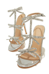 Diamante Embellished Bow Open Toe Stiletto Sandals - White