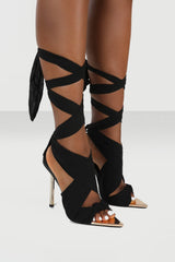 Ribbon Tie Wrap Around Pointed Toe Gold Stiletto Heel - Black