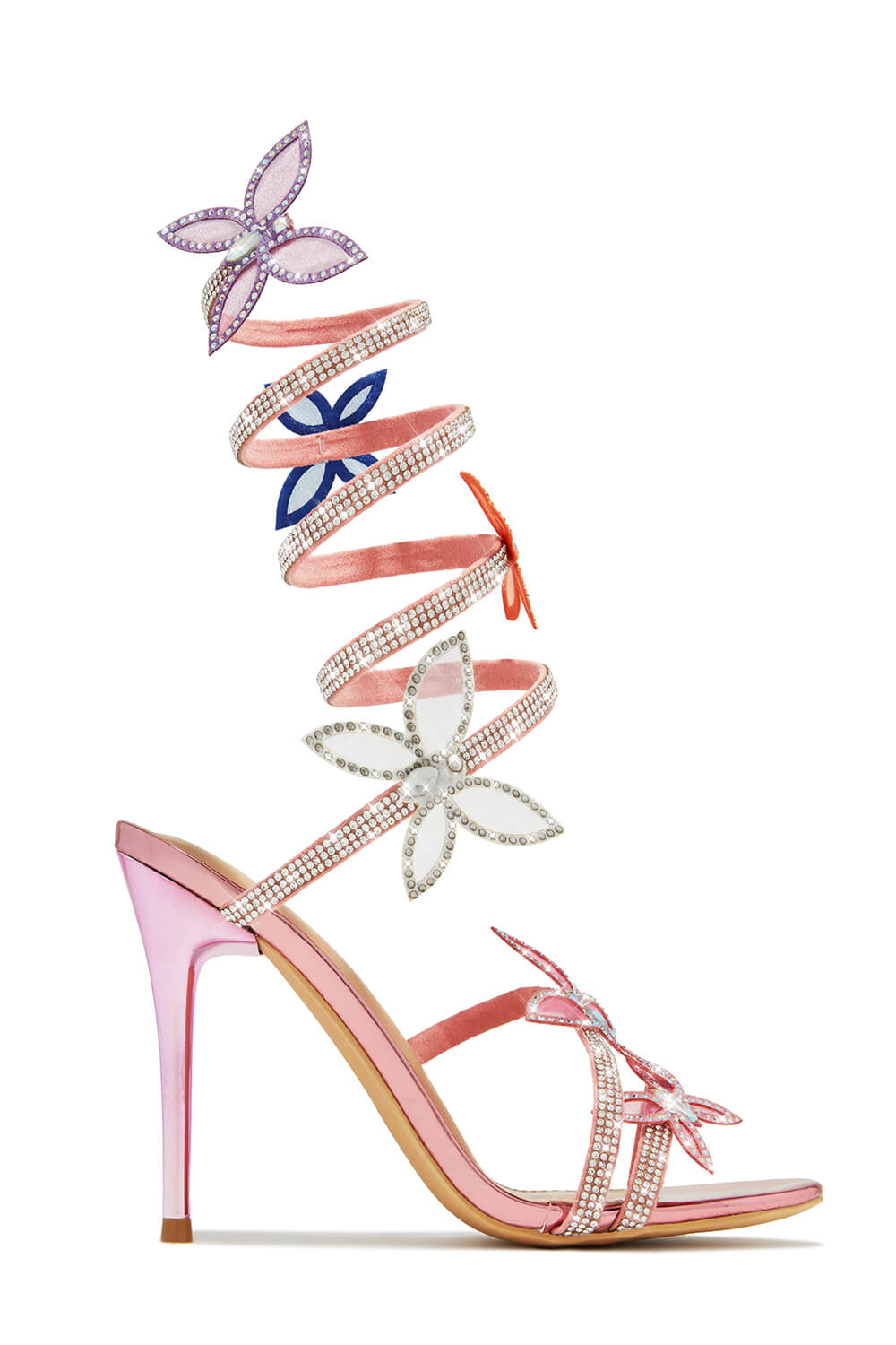 Crystal-Embellished Butterfly Around The Ankle Coil Stiletto Sandals - Multicolor