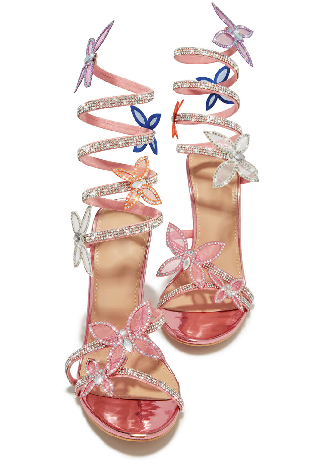 Crystal-Embellished Butterfly Around The Ankle Coil Stiletto Sandals - Multicolor