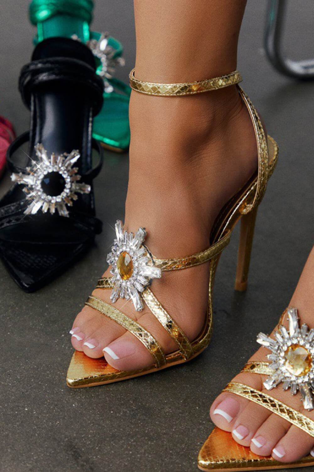 Diamante Embellished Pointed Toe Stiletto Sandals - Gold