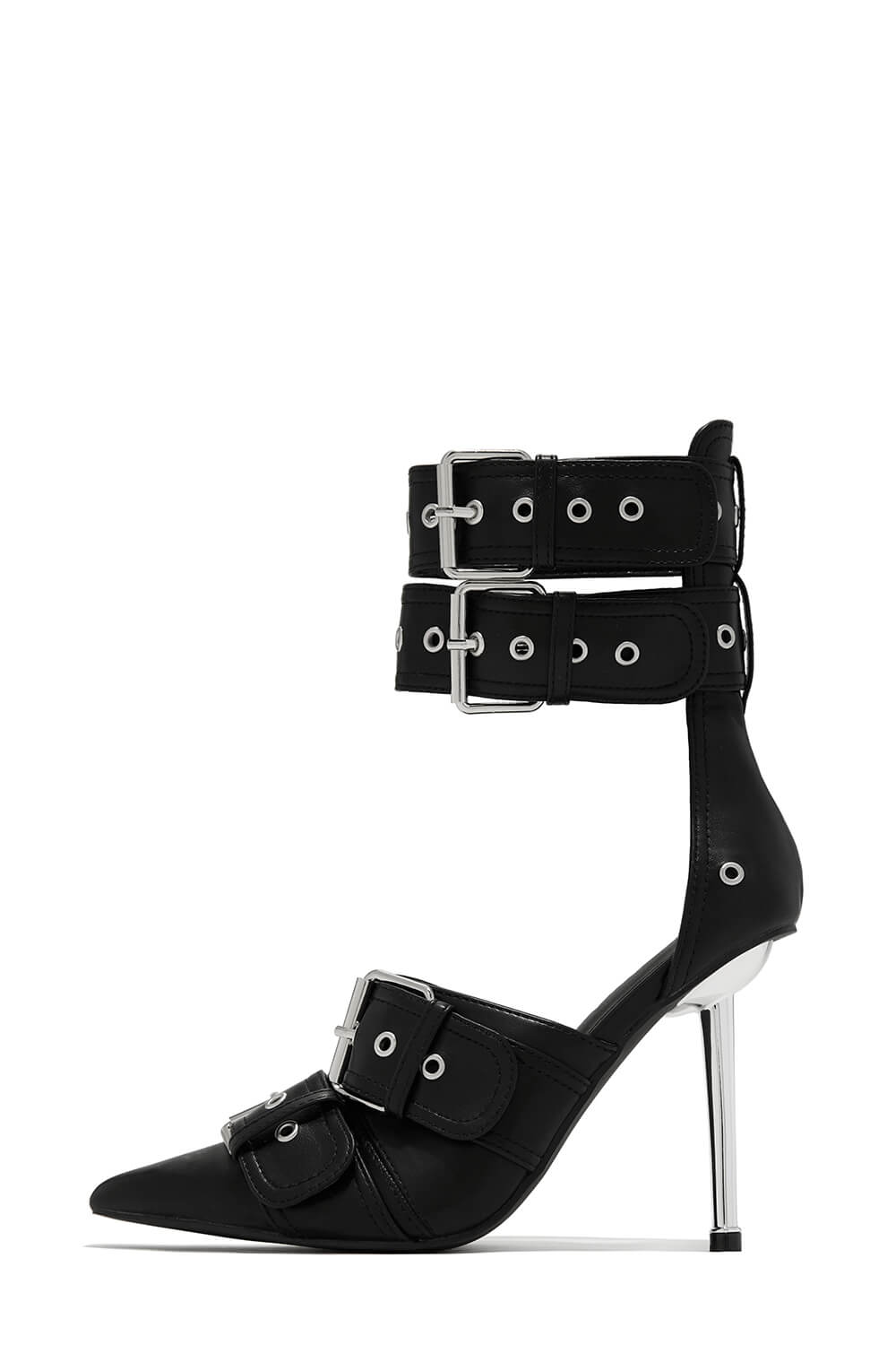 Multi Buckle Pointed Toe Ankle Stiletto Heel Boots - Black