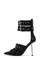 Multi Buckle Pointed Toe Ankle Stiletto Heel Boots - Black