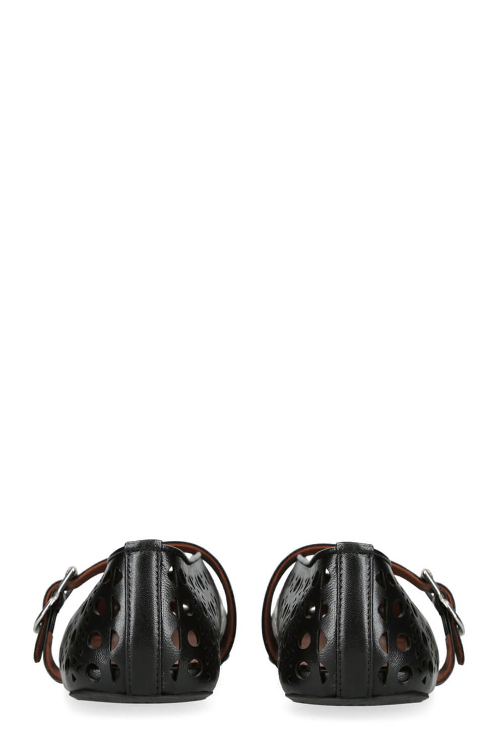Faux Leather Laser-Cut Buckled Ballet Flats - Black