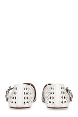 Faux Leather Laser-Cut Buckled Ballet Flats - White