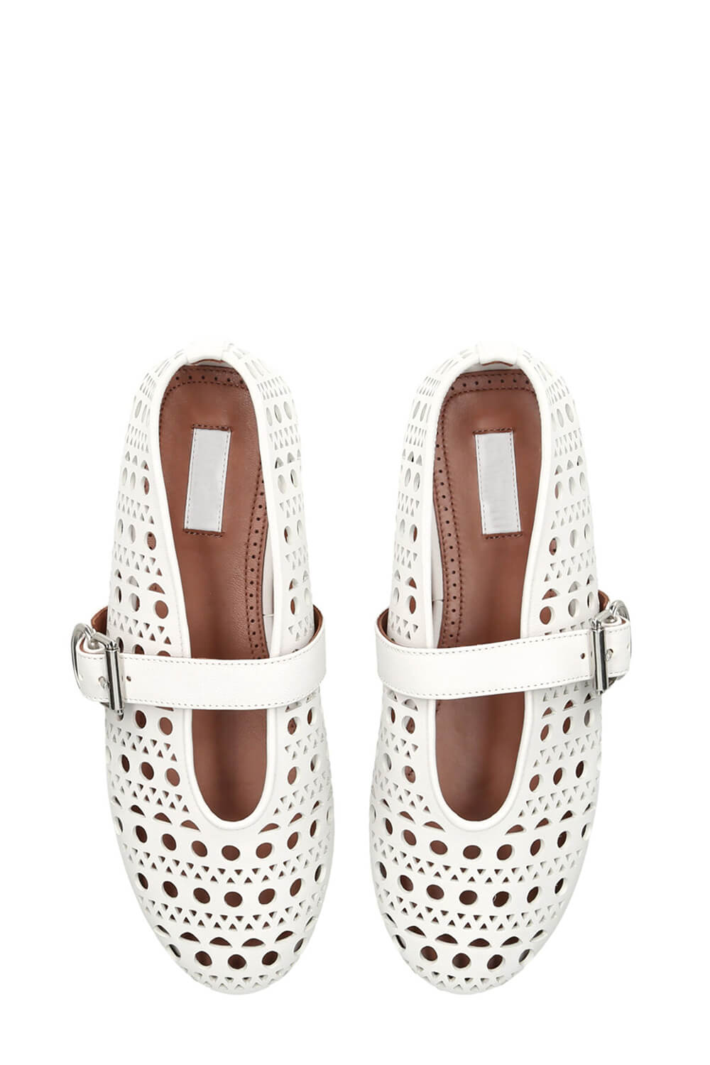 Faux Leather Laser-Cut Buckled Ballet Flats - White
