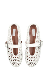 Faux Leather Laser-Cut Buckled Ballet Flats - White