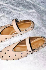 Faux Leather Crystal-Embellished Buckled Ballet Flats - Nude