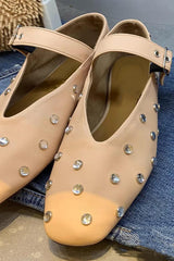 Faux Leather Crystal-Embellished Buckled Ballet Flats - Nude