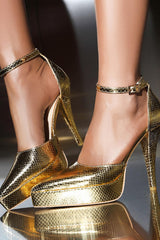 Metallic Snakeskin Stiletto Heel Platform Pump - Gold