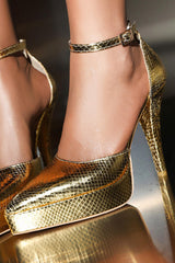Metallic Snakeskin Stiletto Heel Platform Pump - Gold