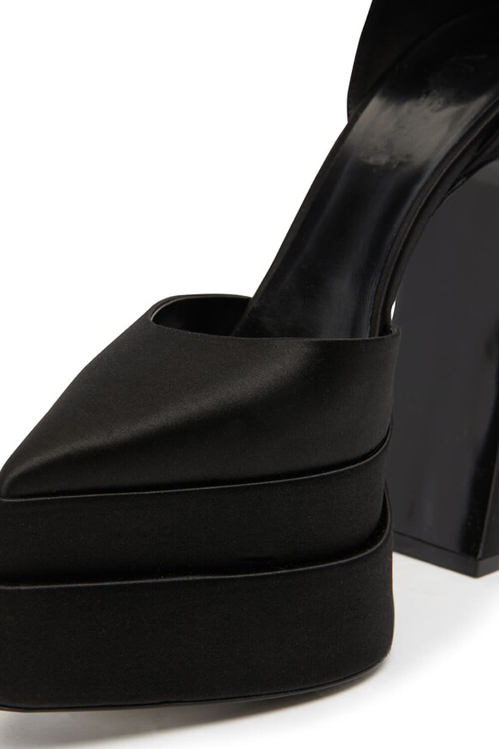Crystal-Embellished Satin Double Platform Pointy Block Heel Ankle Pumps - Black