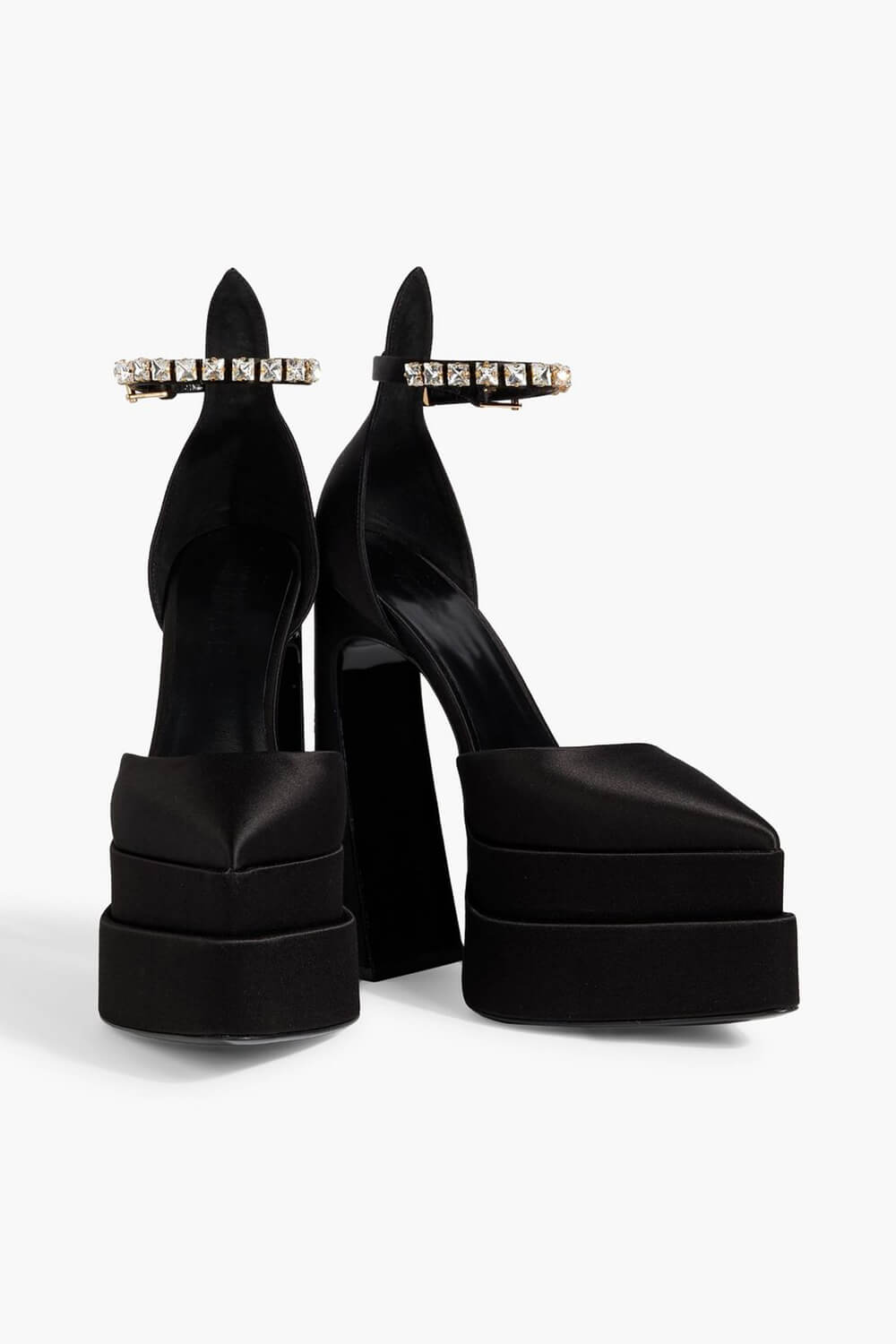 Crystal-Embellished Satin Double Platform Pointy Block Heel Ankle Pumps - Black
