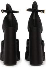 Crystal-Embellished Satin Double Platform Pointy Block Heel Ankle Pumps - Black
