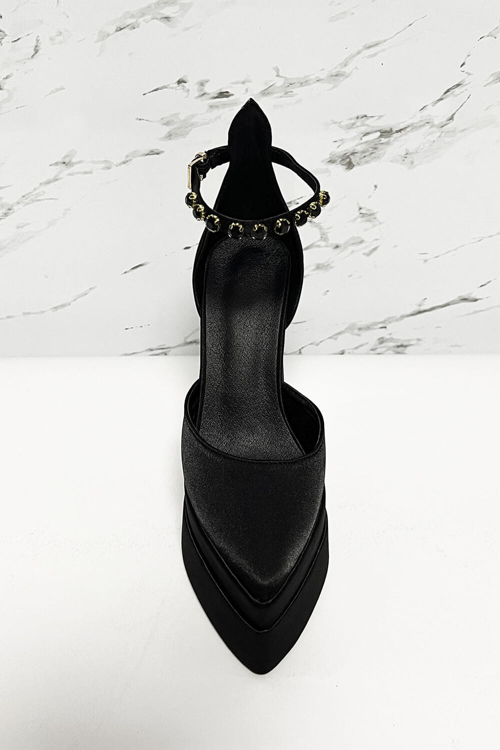 Crystal-Embellished Satin Double Platform Pointy Block Heel Ankle Pumps - Black