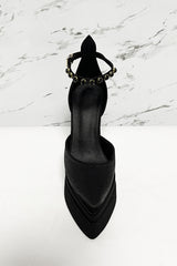 Crystal-Embellished Satin Double Platform Pointy Block Heel Ankle Pumps - Black