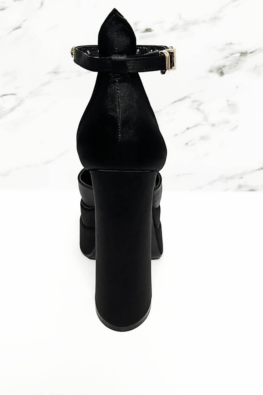 Crystal-Embellished Satin Double Platform Pointy Block Heel Ankle Pumps - Black