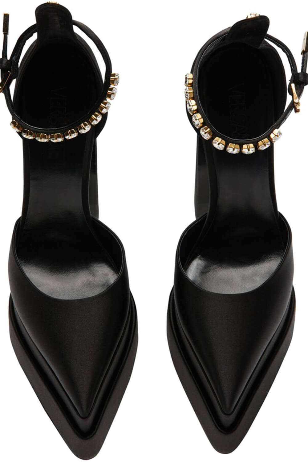 Crystal-Embellished Satin Double Platform Pointy Block Heel Ankle Pumps - Black