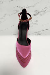 Crystal-Embellished Satin Double Platform Pointy Block Heel Ankle Pumps - Hot Pink