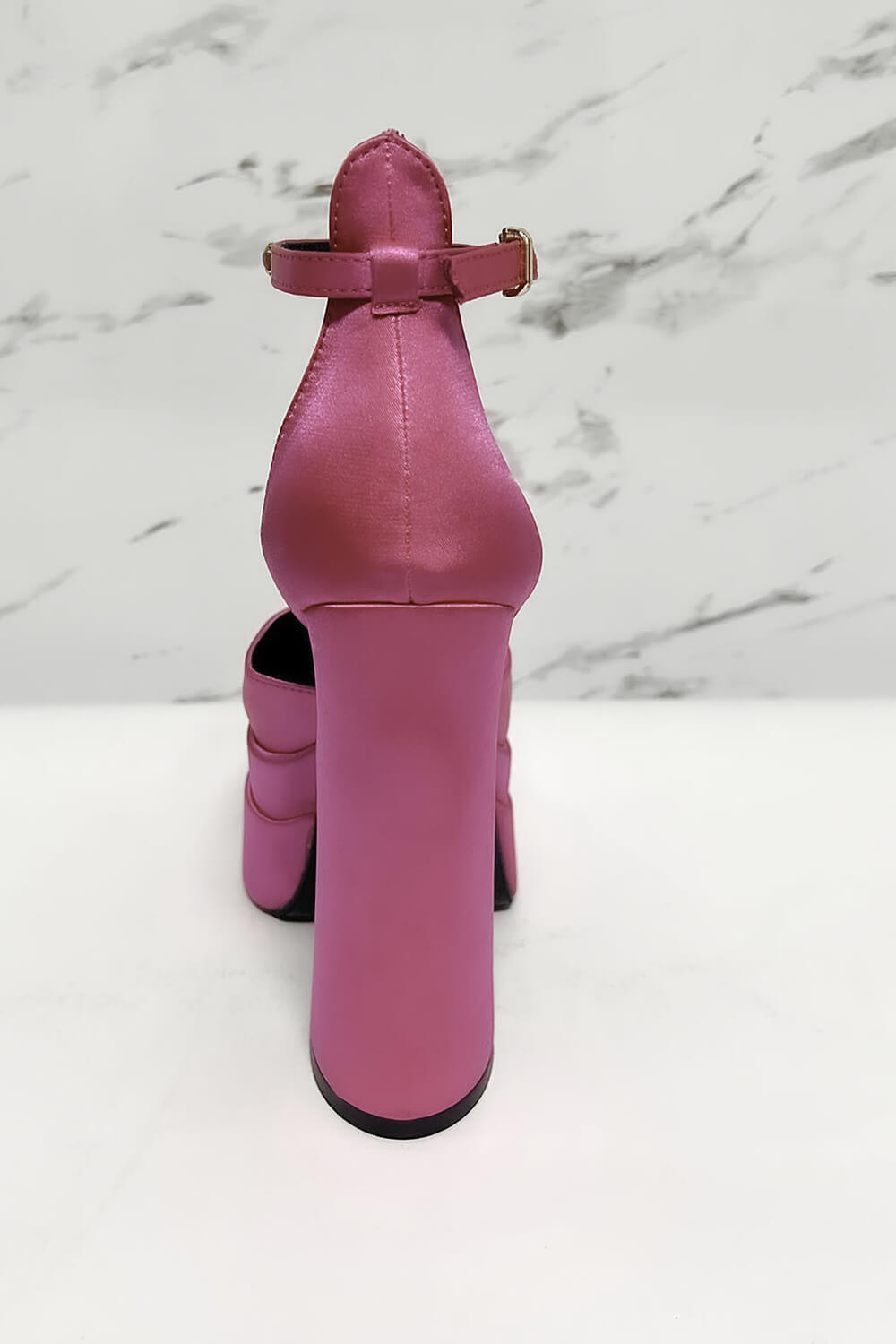 Crystal-Embellished Satin Double Platform Pointy Block Heel Ankle Pumps - Hot Pink