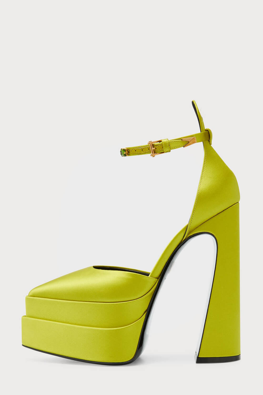 Crystal-Embellished Satin Double Platform Pointy Block Heel Ankle Pumps - Avocado