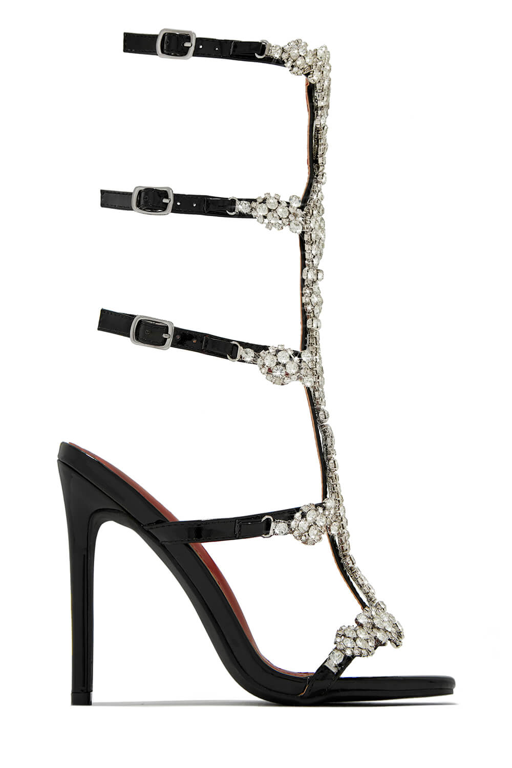 Diamante Embellished Cage High Stiletto Heels-Black