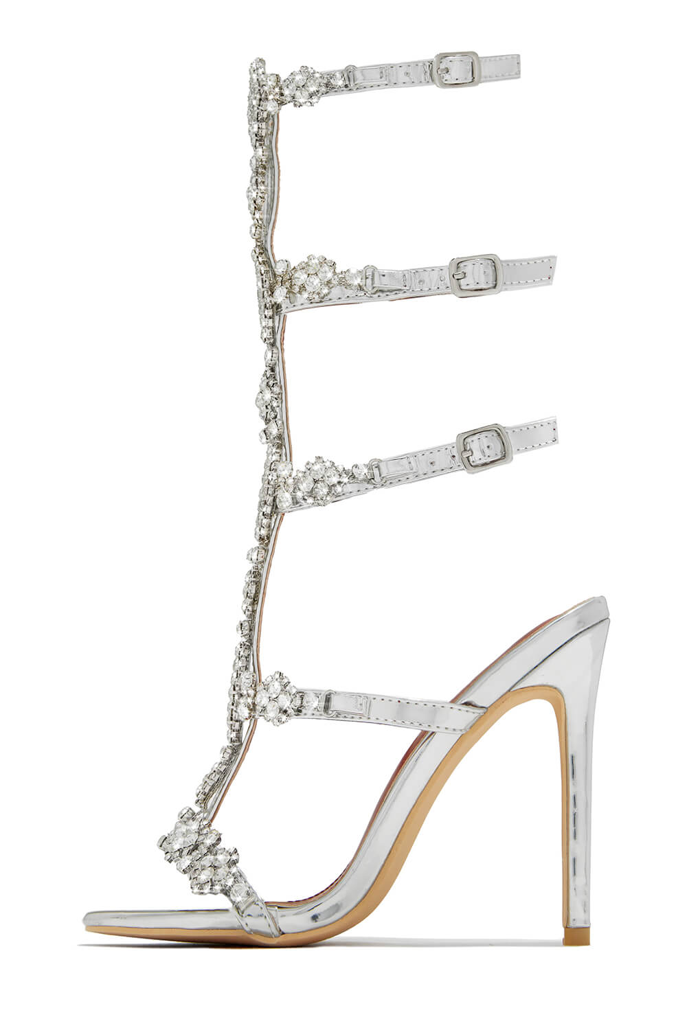 Diamante Embellished Cage High Stiletto Heels-Silver