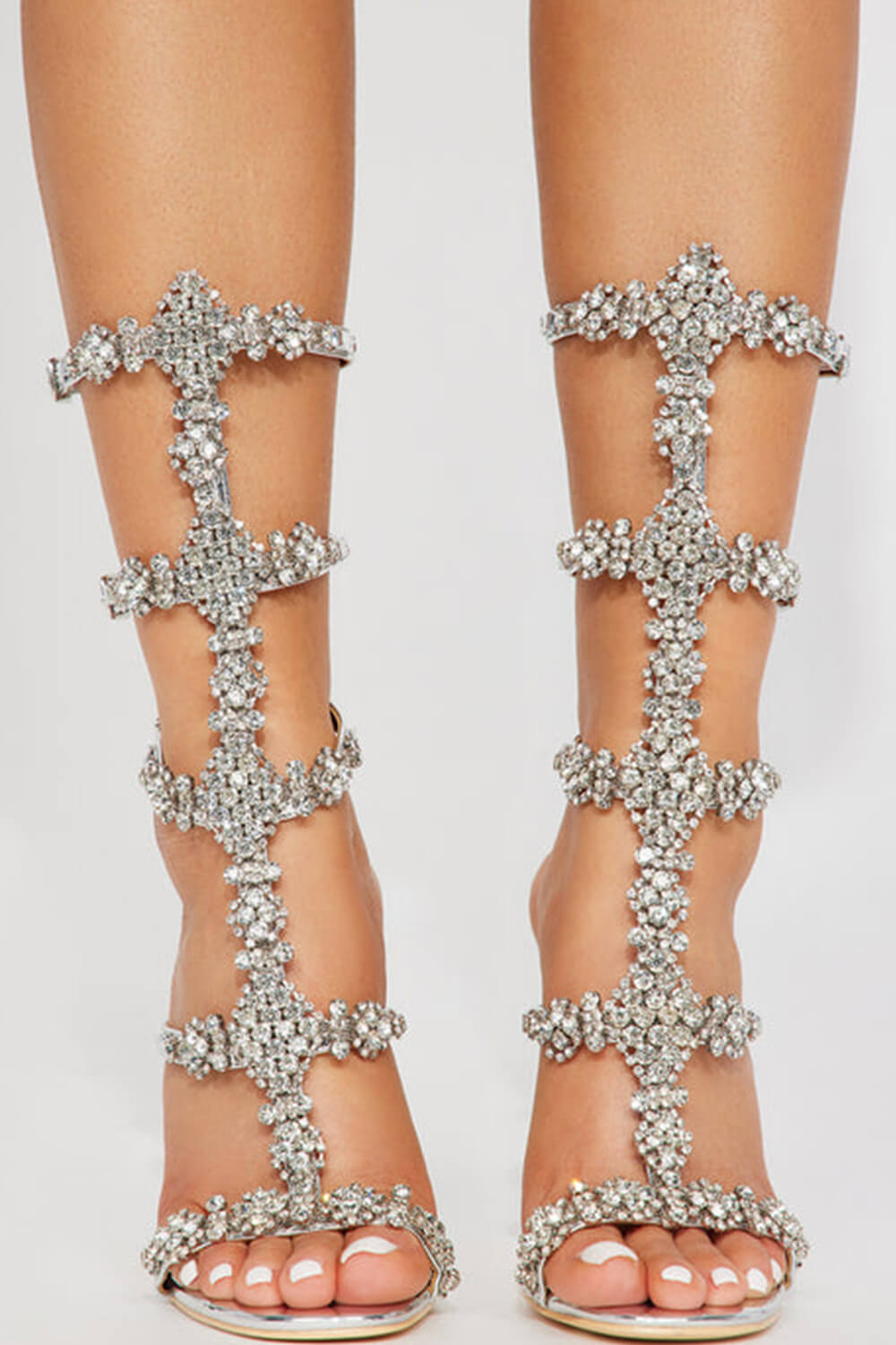 Diamante Embellished Cage High Stiletto Heels-Silver