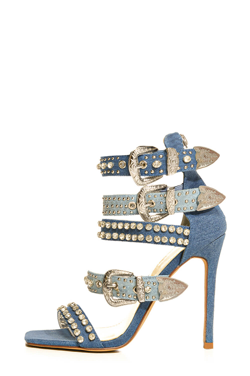 Studded Rhinestone-Embellished Buckle Gladiator Stiletto Heeled Sandal - Denim