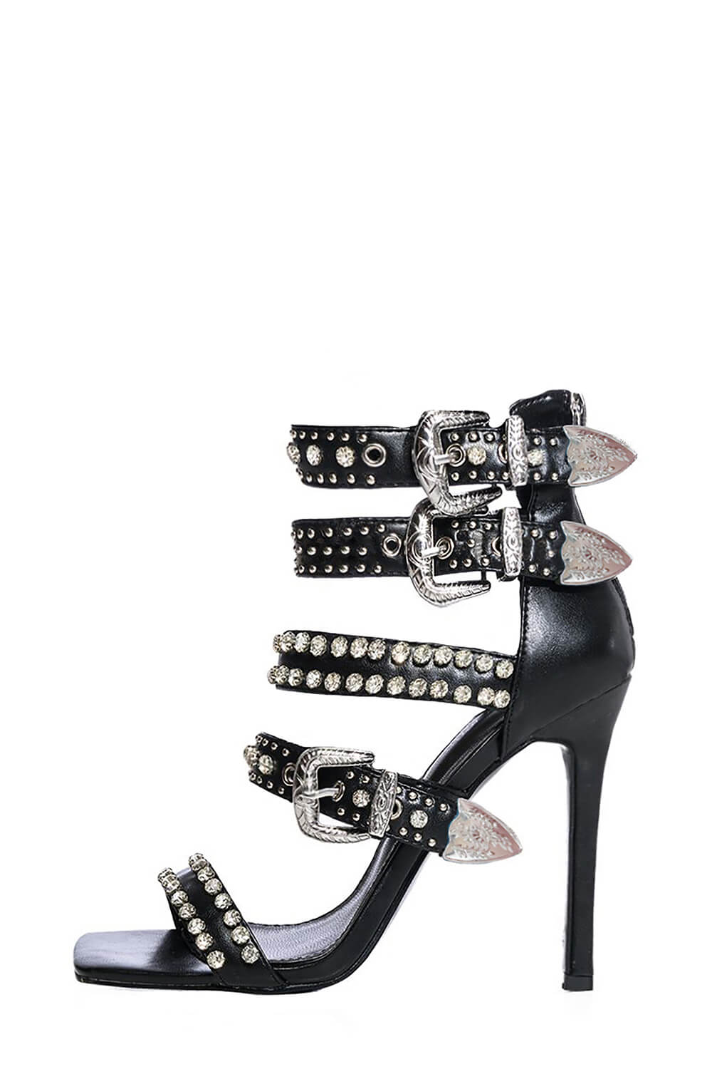 Studded Rhinestone-Embellished Buckle Gladiator Stiletto Heeled Sandal - Black