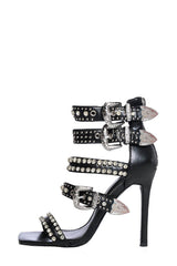Studded Rhinestone-Embellished Buckle Gladiator Stiletto Heeled Sandal - Black