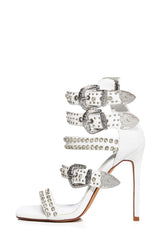 Studded Rhinestone-Embellished Buckle Gladiator Stiletto Heeled Sandal - White
