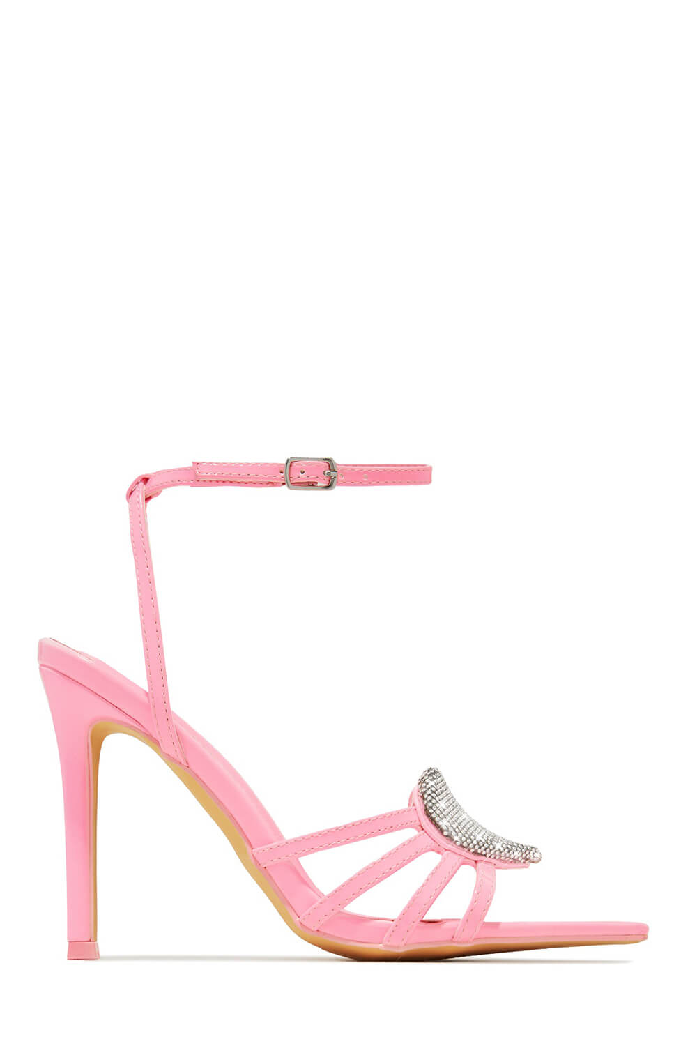Faux Leather Diamante Heart Pointed Toe Stiletto Heel - Pink
