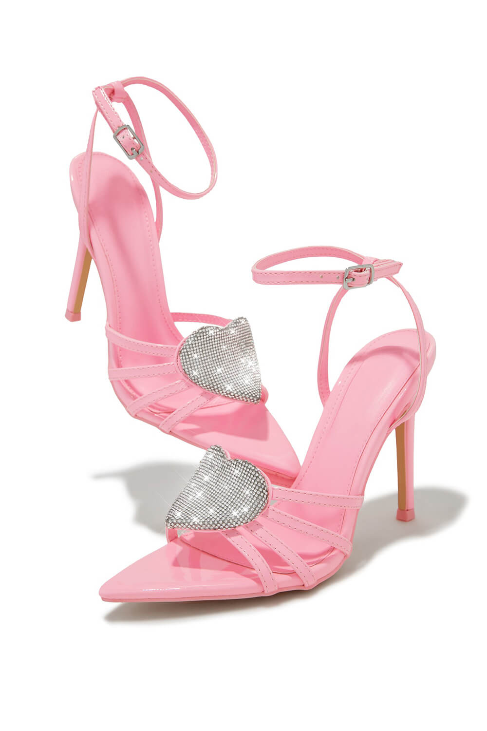 Faux Leather Diamante Heart Pointed Toe Stiletto Heel - Pink